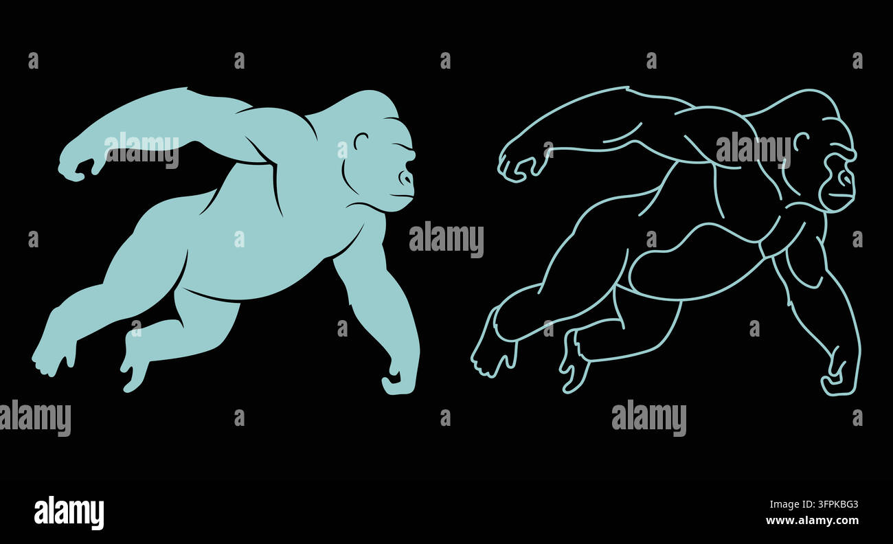 Set di icone silhouette e arte lineare di un gorilla che cammina su sfondo nero Illustrazione Vettoriale
