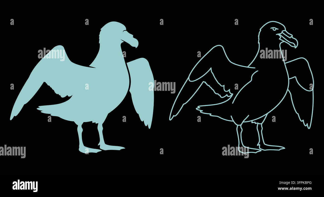 Silhouette e grafica lineare di un uccello Dodo isolata su sfondo nero Illustrazione Vettoriale