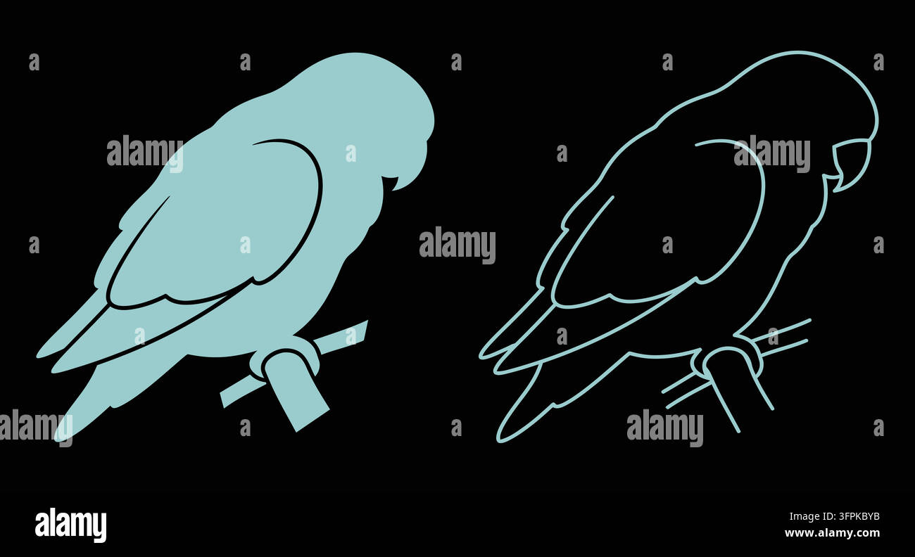 Pappagallo appollaiato su un ramo, silhouette e illustrazione di contorno con uccello appollaiato Illustrazione Vettoriale