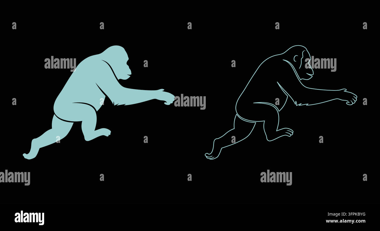 Gorilla che cammina di profilo come silhouette e illustrazione in linee bianche Illustrazione Vettoriale