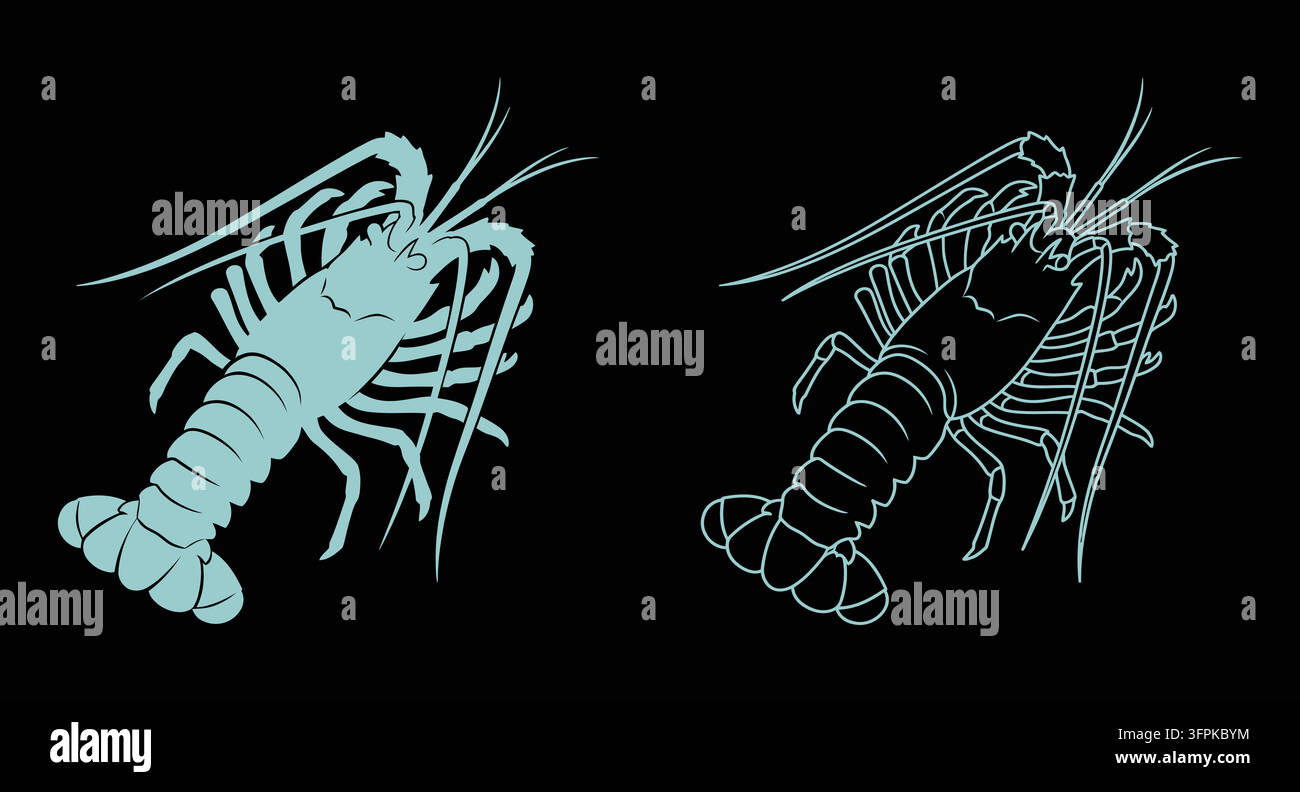 Elementi di design grafico a silhouette e contorno con arte lineare per aragosta Illustrazione Vettoriale