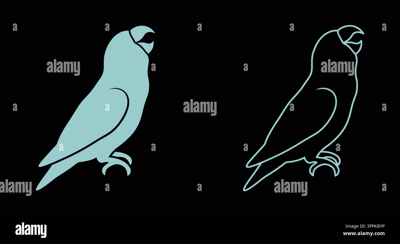 Silhouette di pappagallo e elementi di design grafico in arte lineare su sfondo nero Illustrazione Vettoriale