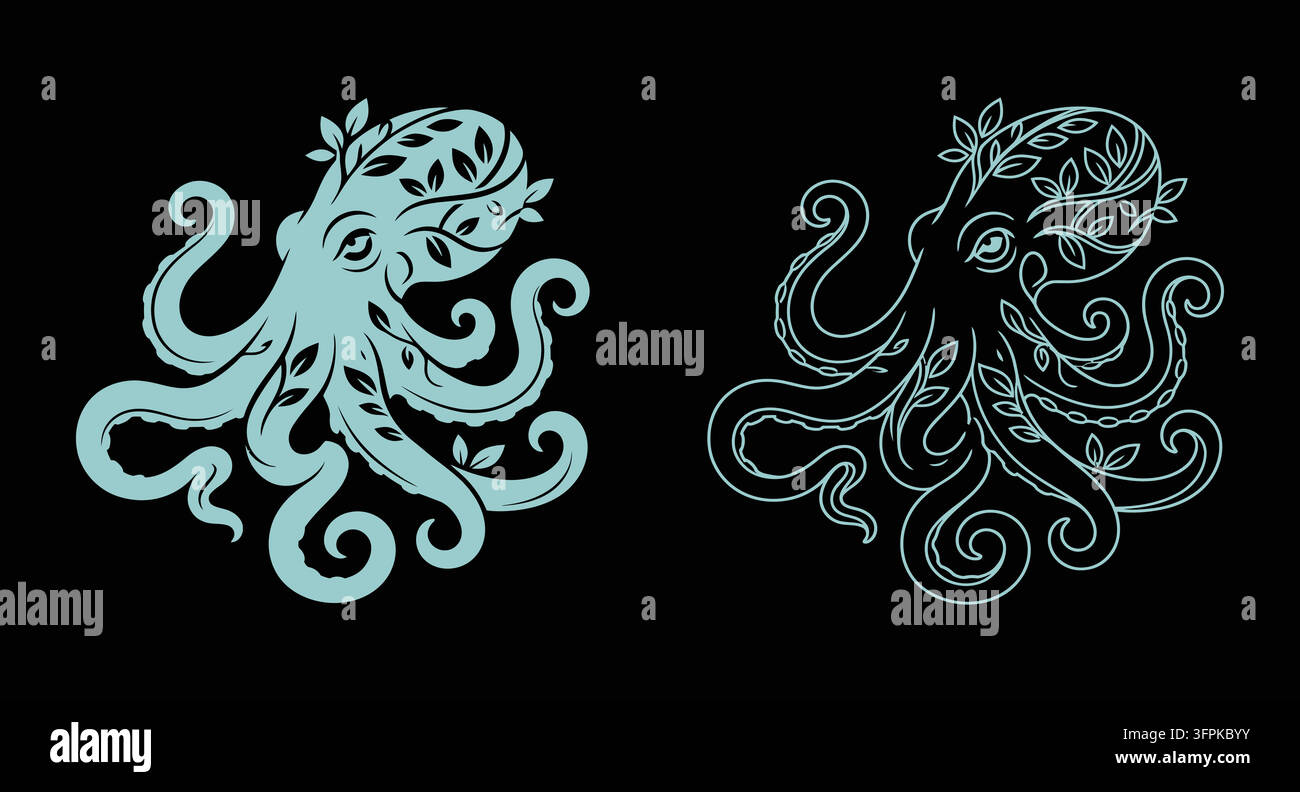 Polpo stilizzato con motivi floreali in silhouette blu e arte lineare bianca Illustrazione Vettoriale