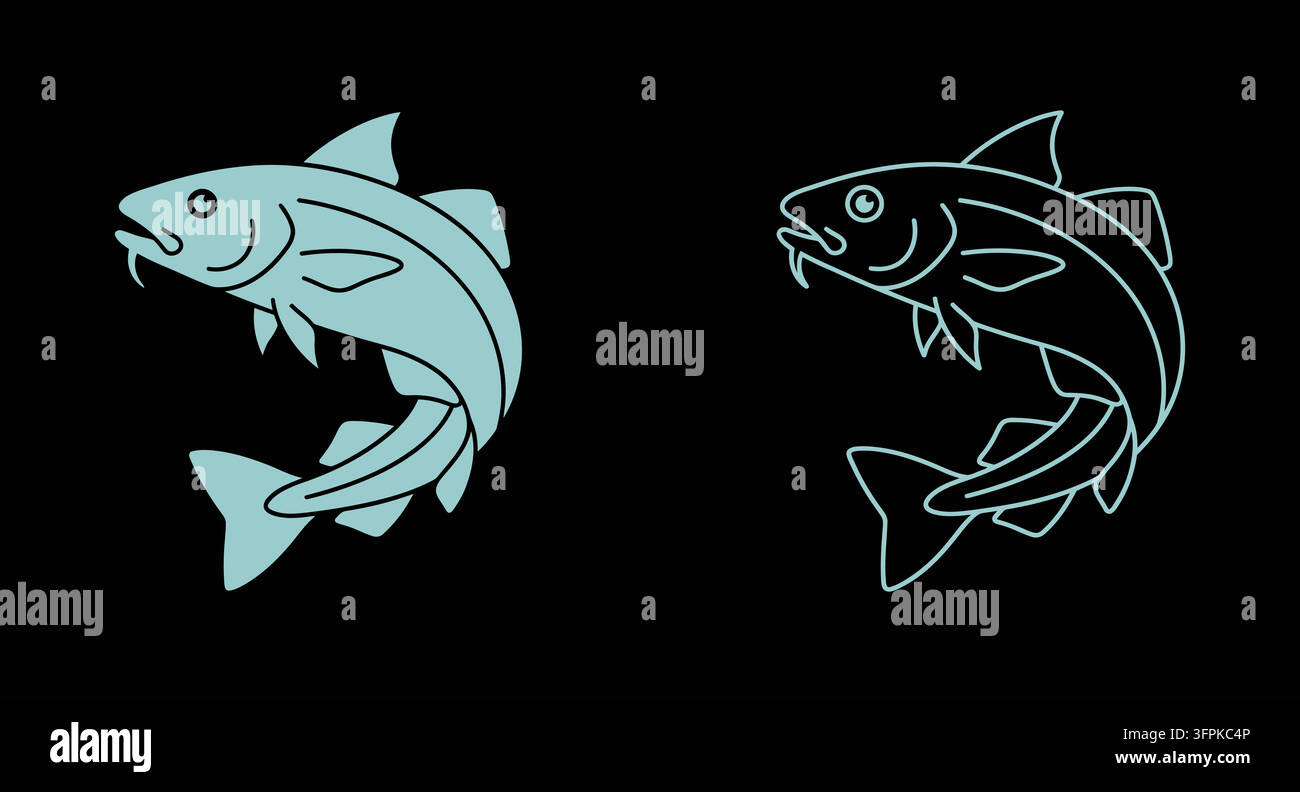 Illustrazione grafica di un pesce che salta in stili solidi e di contorno con fauna selvatica Illustrazione Vettoriale