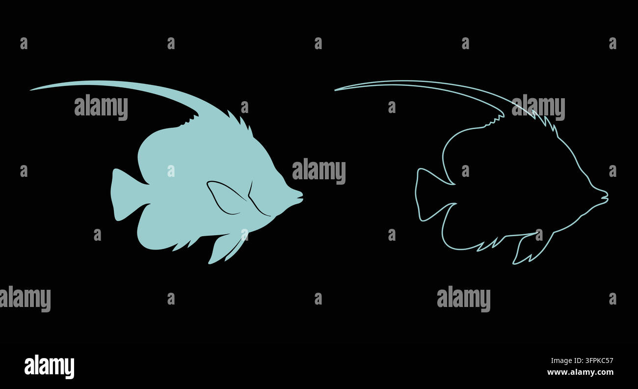 Silhouette di pesce angelo in stile solido e contorno su nero con sfondo nero Illustrazione Vettoriale