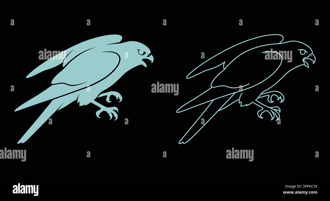 Set di illustrazioni di falco in stile contorno solido blu e bianco con uccello rapace Illustrazione Vettoriale