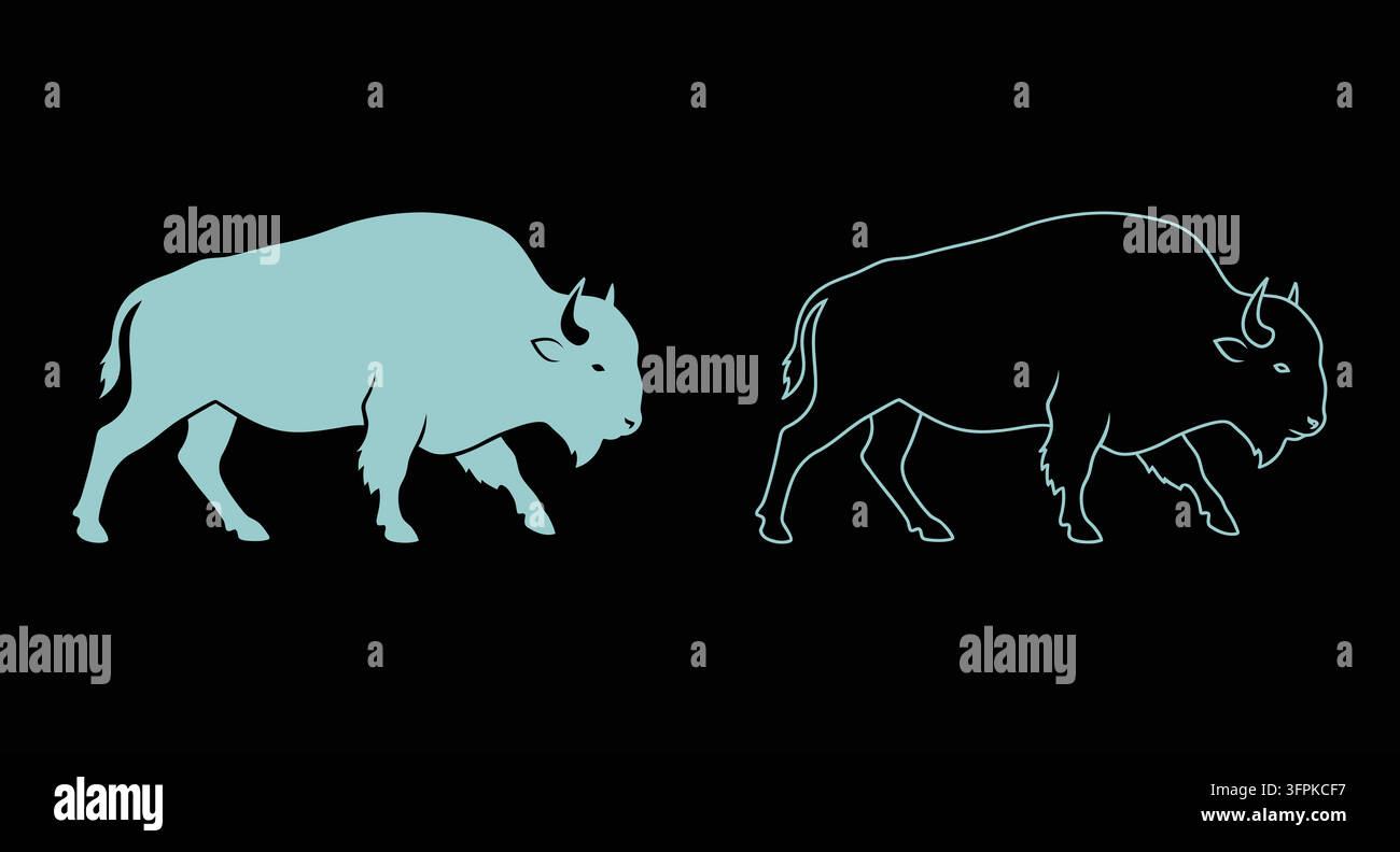 Set di icone a silhouette e contorno di animale bisonte con sfondo nero Illustrazione Vettoriale
