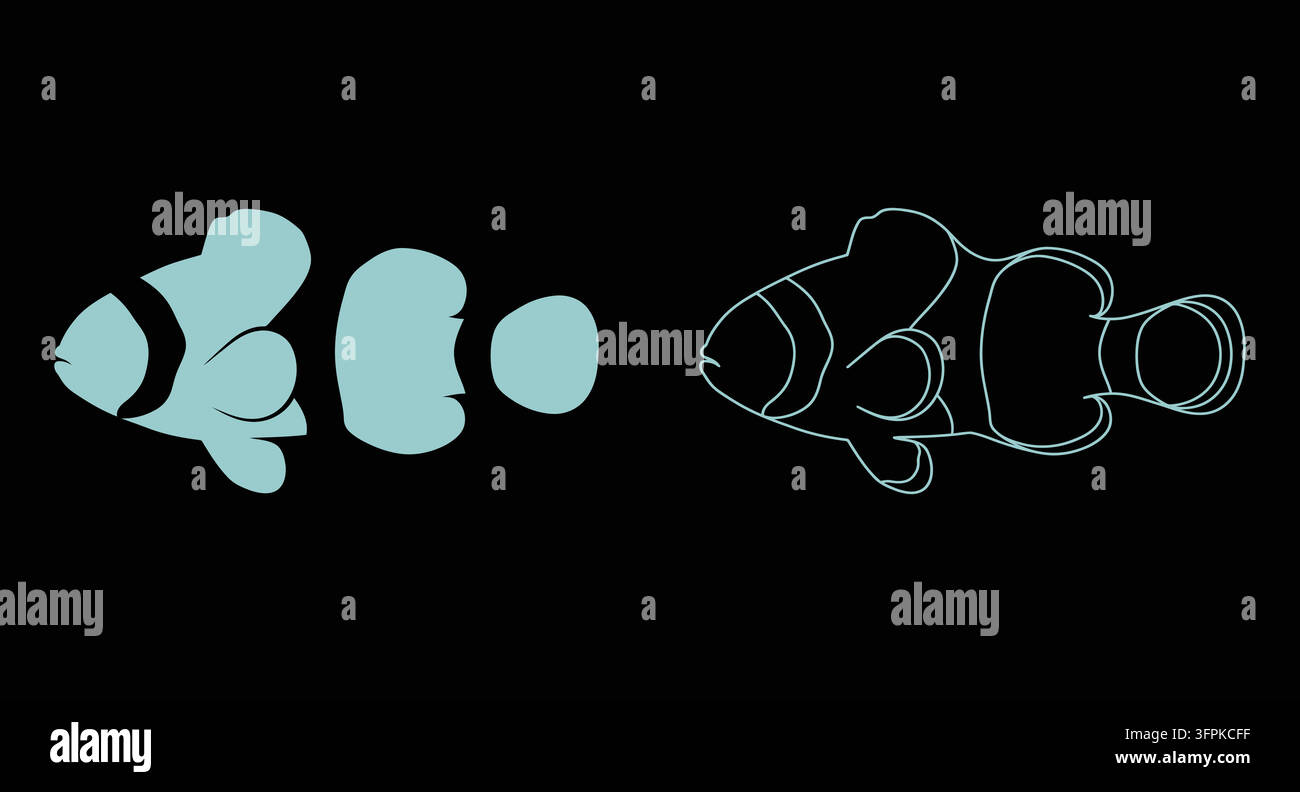 Set di icone di pesci pagliaccio in silhouette solida e stile lineare con silhouette di pesce Illustrazione Vettoriale