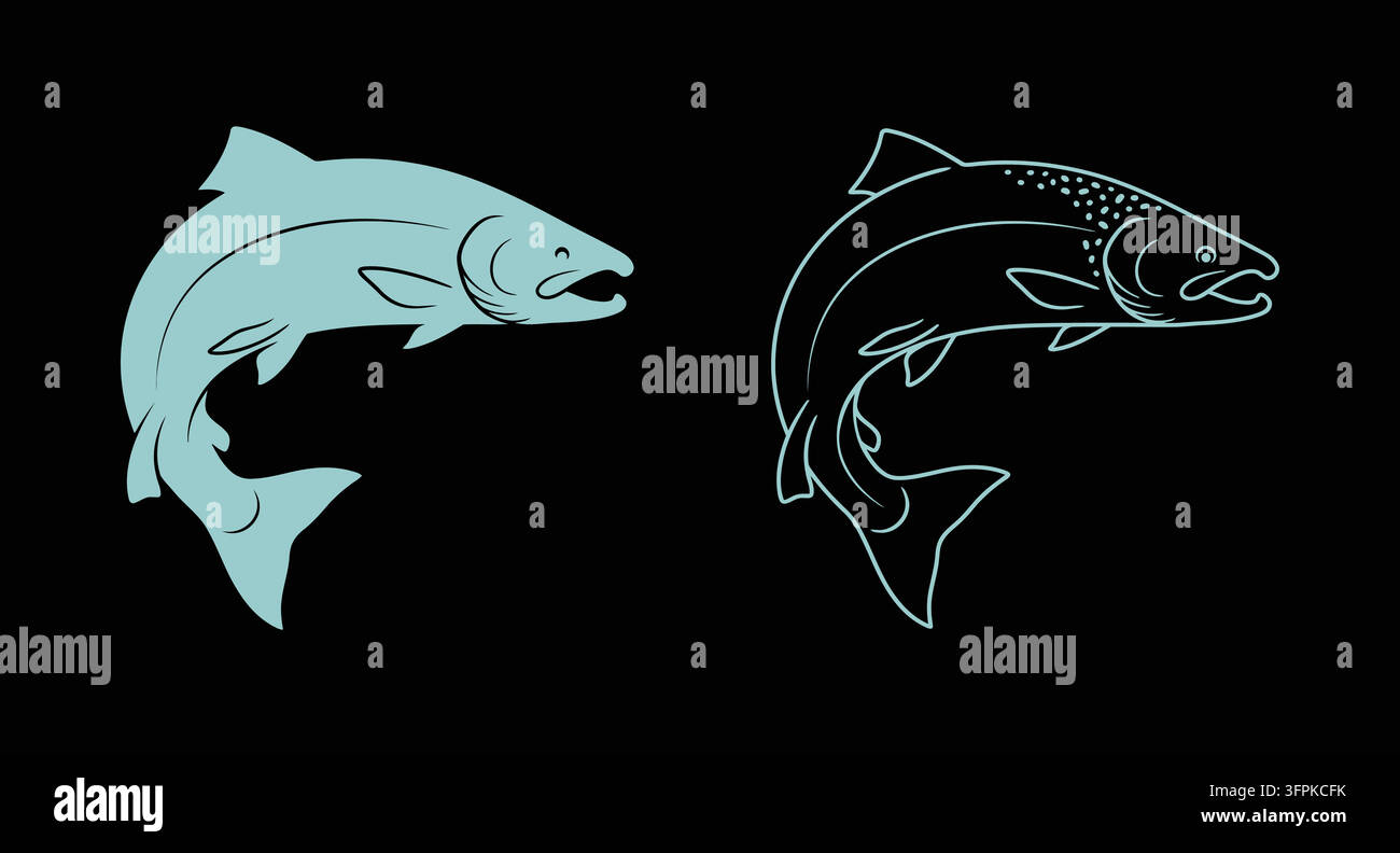Illustrazione di un salmone che salta con silhouette solida e contorno dettagliato Illustrazione Vettoriale