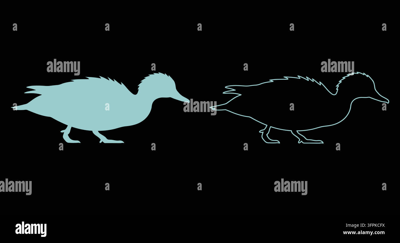 Set di icone uccello anatra in silhouette solida e stile arte lineare con contorno di anatra Illustrazione Vettoriale
