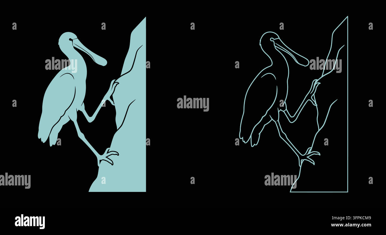 Icona della silhouette e del contorno di un ibis con uccello trampolieri Illustrazione Vettoriale