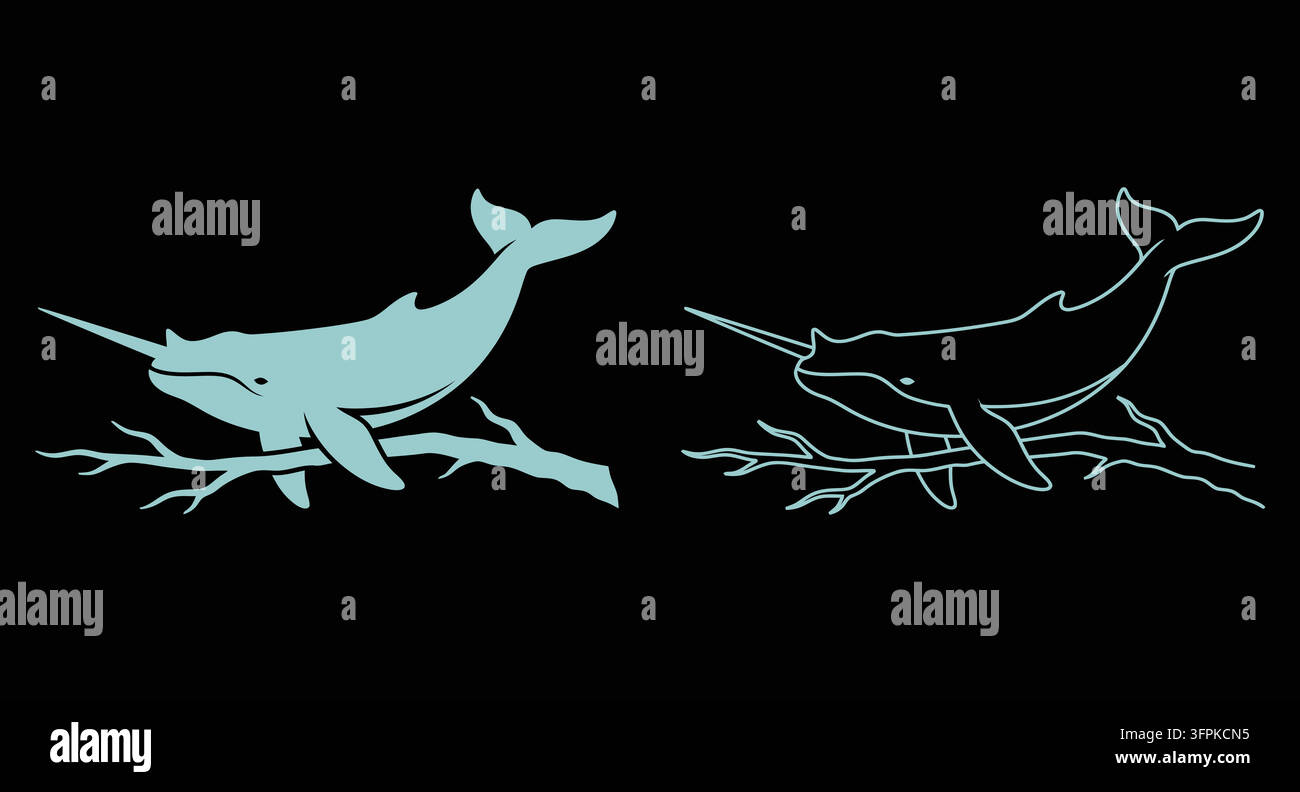 Narvalo che nuota vicino a rami, silhouette e icone di contorno con animale marino Illustrazione Vettoriale