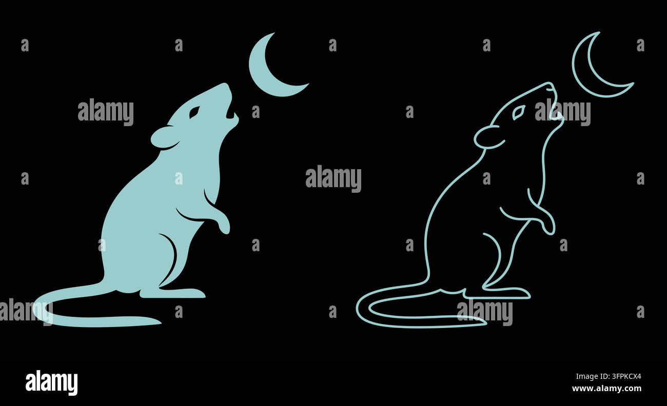 Set di icone con un ratto che ulula alla luna e un'icona animale di falce di luna, grafico della fauna selvatica Illustrazione Vettoriale