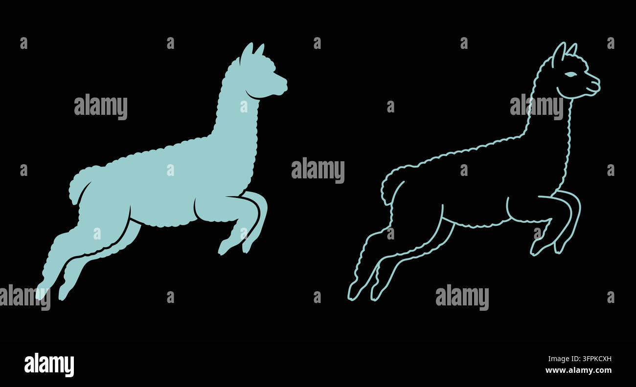 Silhouette di alpaca e linea artistica su sfondo nero con animale da fattoria Illustrazione Vettoriale
