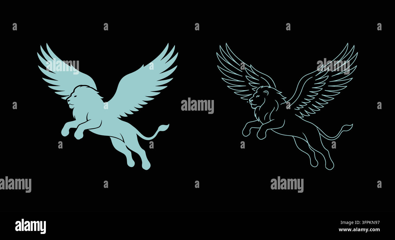 Set di silhouette di icone araldiche di Pegaso su sfondo nero con illustrazione grafica Illustrazione Vettoriale