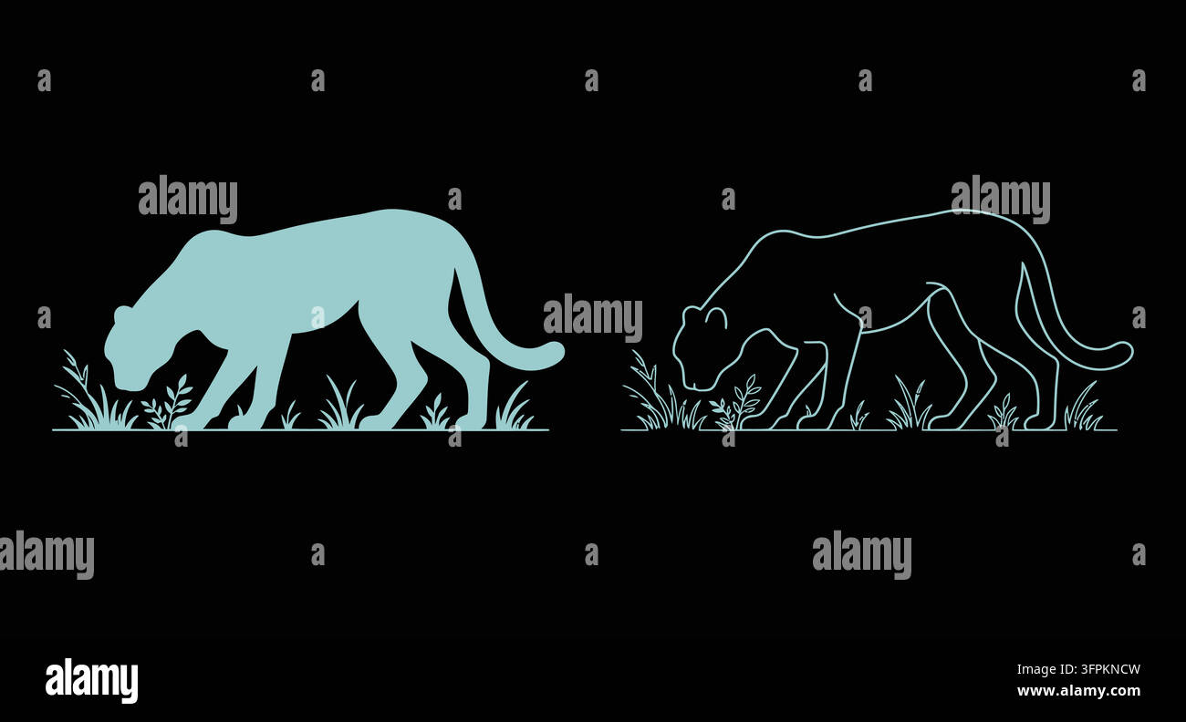 Set di icone silouette di ghepardo in agguato con erba, grande felino, animale in agguato Illustrazione Vettoriale