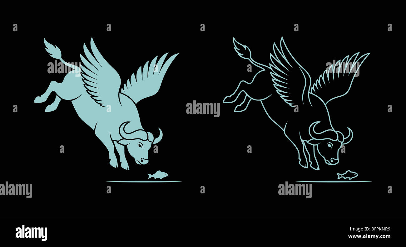 Icone grafiche minimaliste di un animale bufalo volante con animale alato Illustrazione Vettoriale