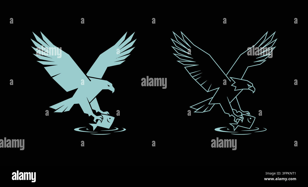 Icona grafica in stile geometrico di aquila in volo in versioni solide e lineari Illustrazione Vettoriale