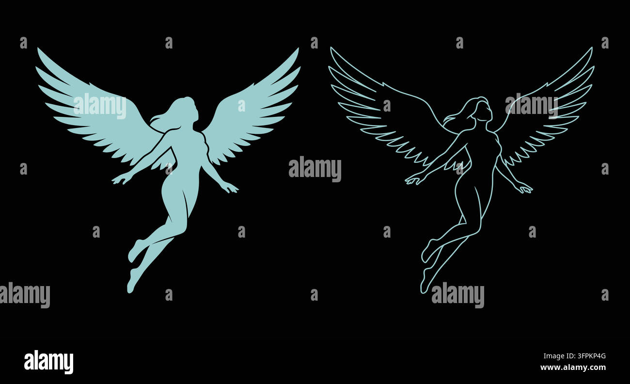 Set di illustrazioni di silouette di angeli e arte lineare con sfondo nero Illustrazione Vettoriale