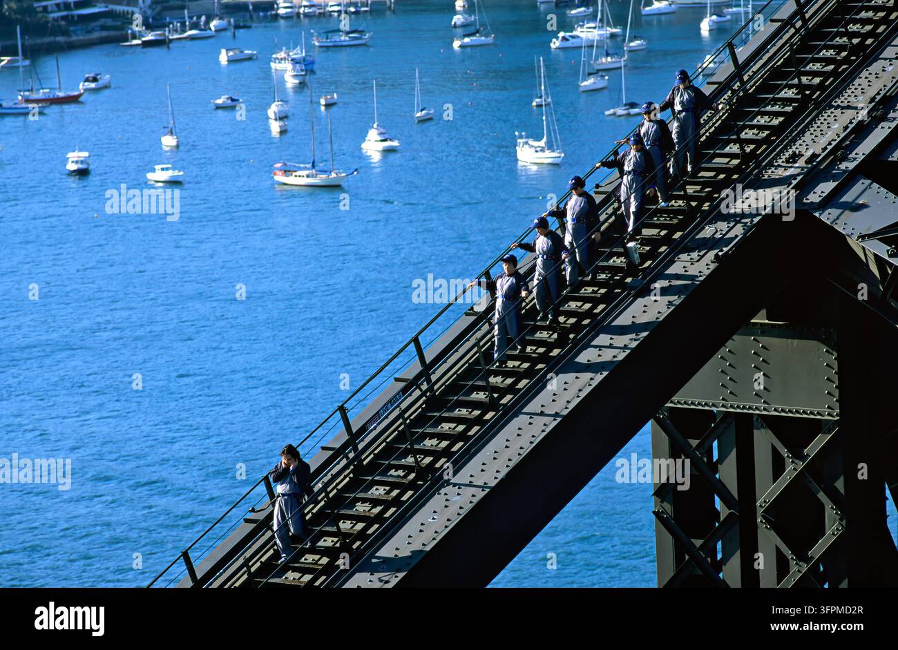 Gruppo legato in tute da arrampicata grigie e blu navy sale la scala in acciaio rivettata sopra gli yacht ormeggiati nel porto di Port Jackson, New South Wales. Foto Stock