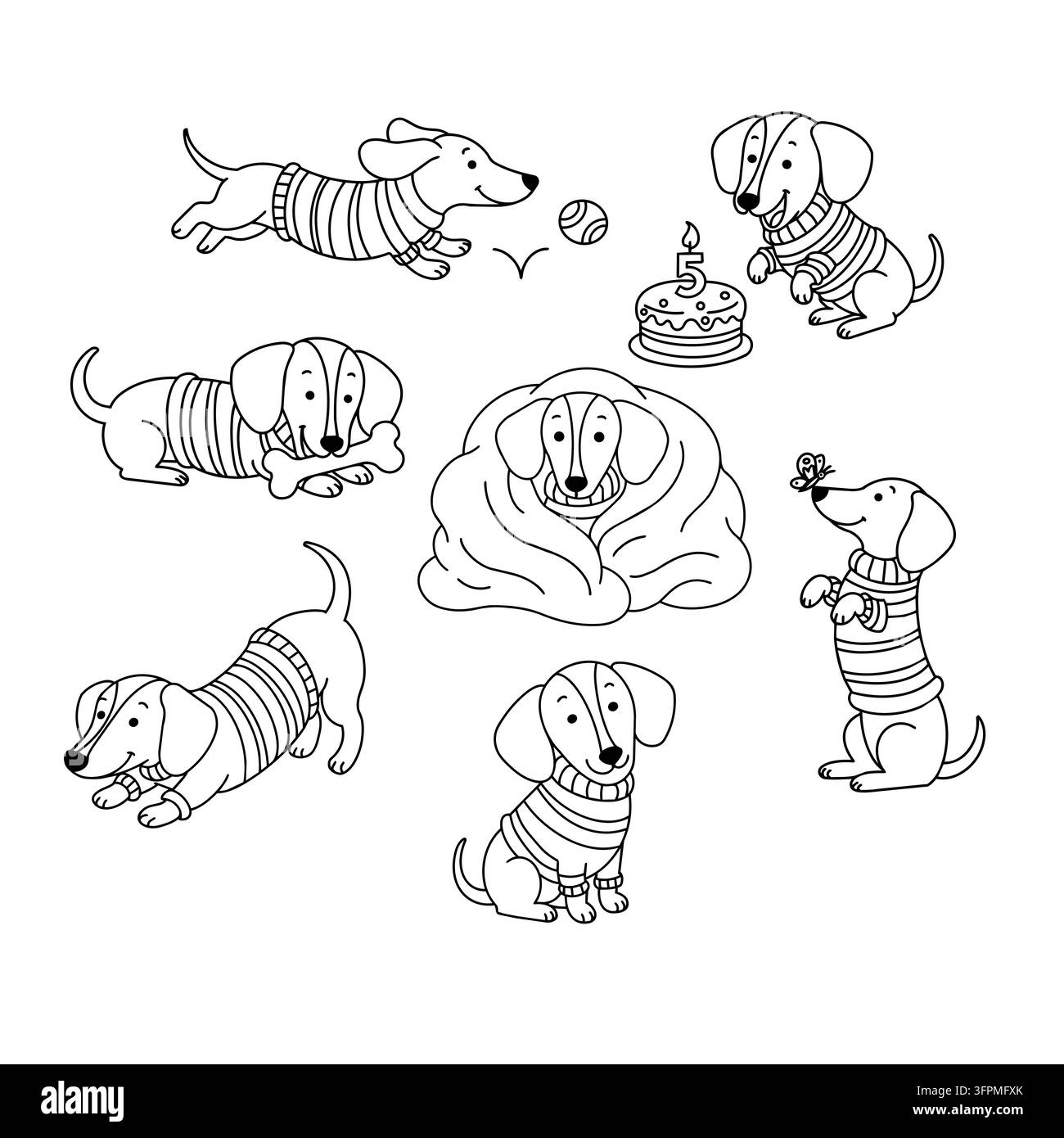 Set di pagine da colorare con linea di disegno di cucciolo di bassotto carino. Design di adesivo lineart estetico con personaggio animale kawaii. Biglietto di auguri di compleanno per bambini Illustrazione Vettoriale