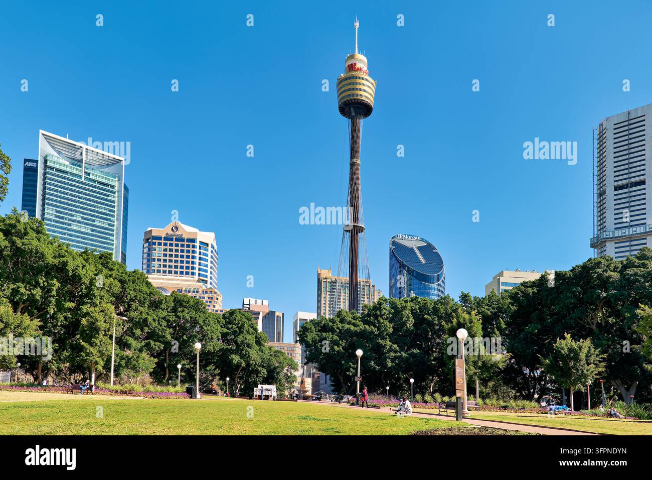 La torre di osservazione nota come Centrepoint si erge sopra i grattacieli di uffici e l'area verde nel centro di Sydney, NSW, in una soleggiata mattina d'inverno. Foto Stock