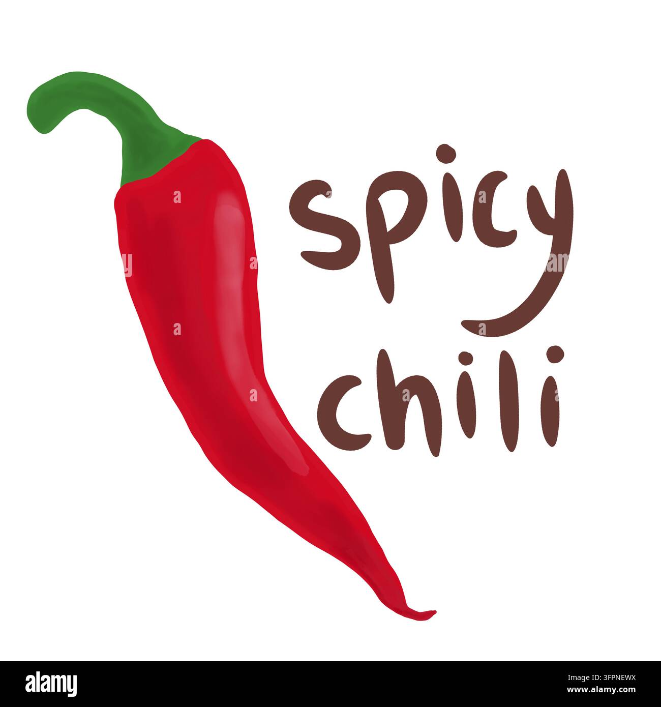 Un'illustrazione vivace e strutturata di un peperoncino rosso con uno stelo verde e il testo "peperoncino piccante" scritto a mano su uno sfondo bianco pulito. Foto Stock