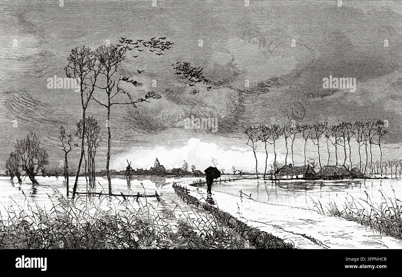 Inondazione artificiale nei dintorni di Gent, regione fiamminga del Belgio. Europa occidentale. Disegno di Emile Claus (1849-1924) Viaggio in Belgio di Camille Lemonnier (1844-1913) Le Tour du Monde 1883 Foto Stock