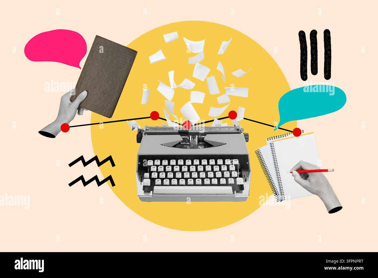 Collage di una macchina da scrivere accanto a fogli, una mano che tiene un libro e un'altra mano che scrive su un blocco su uno sfondo beige. Vista frontale e primo piano. Copia Foto Stock