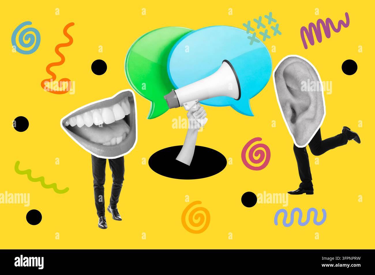 Collage di due uomini con frammenti di gambe – uno con una bocca e l’altro con un orecchio – accanto a una bolla di chat e elementi geometrici su uno sfondo giallo Foto Stock