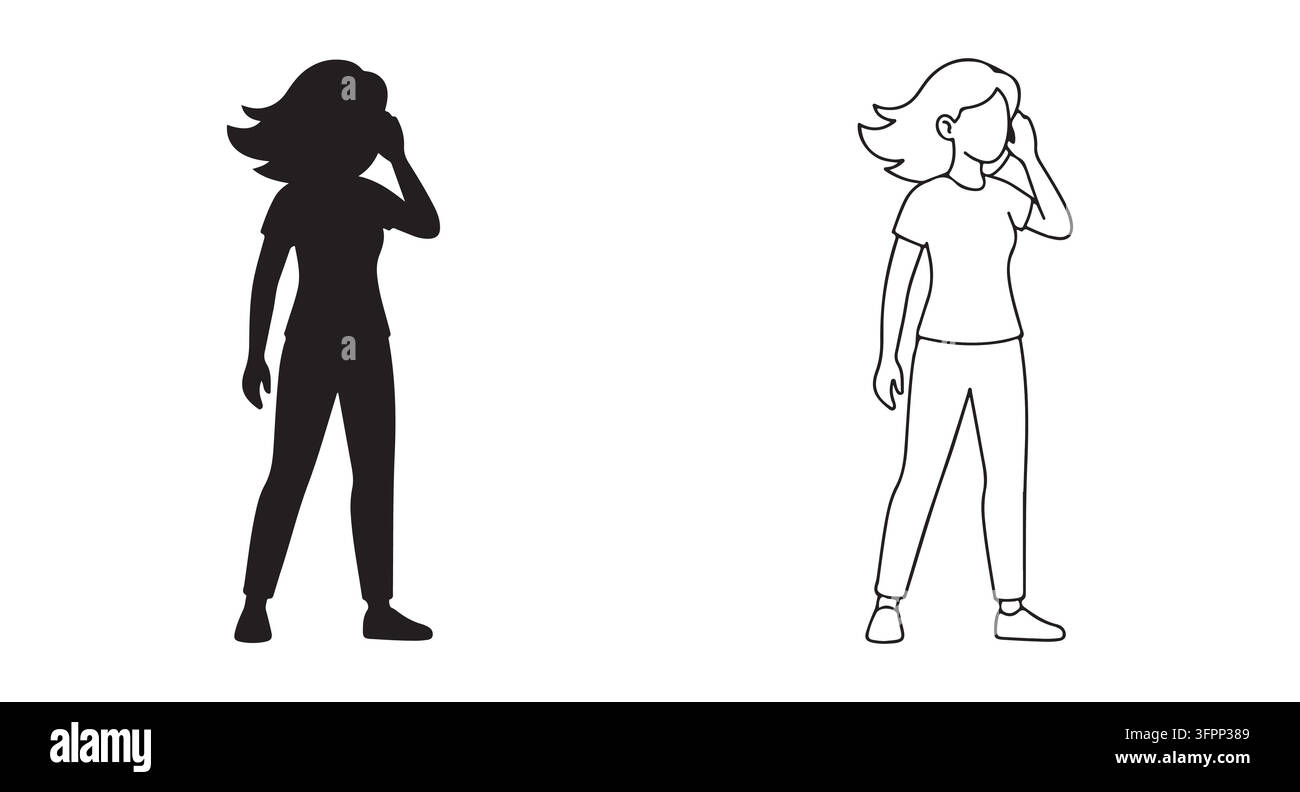 Silhouette di donna e arte lineare in piedi che parla al smartphone con sfondo nero Illustrazione Vettoriale