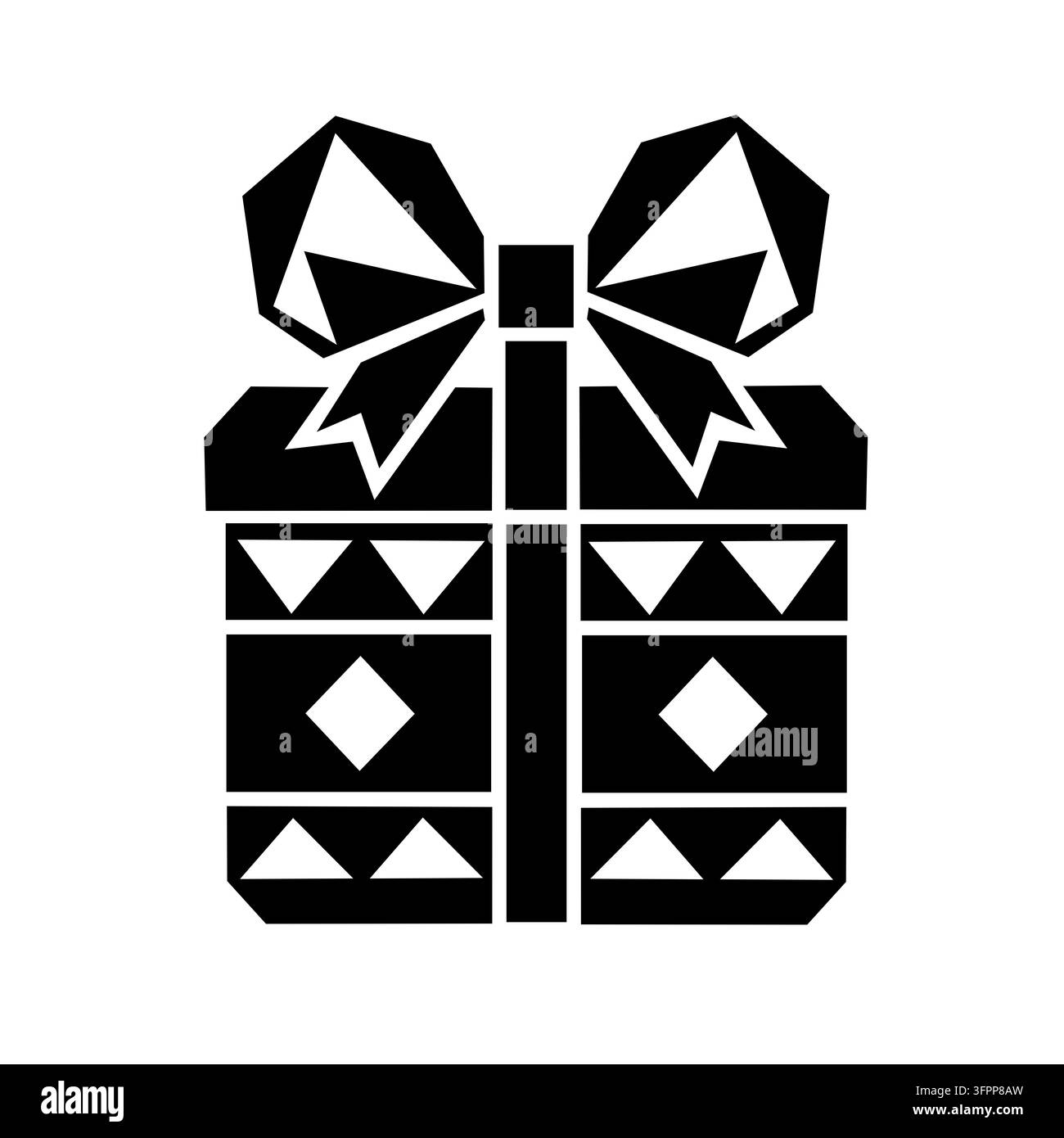 Scatola regalo avvolta con un grande fiocco angolare e motivi geometrici contrastanti, illustrata in bianco e nero. Foto Stock