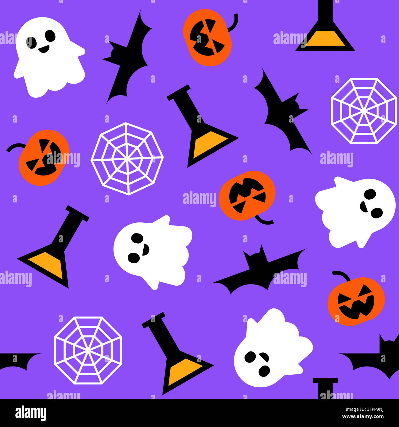 Modello senza cuciture di Halloween con fantasmi pipistrelli zucche e ragnatele Illustrazione vettoriale Illustrazione Vettoriale