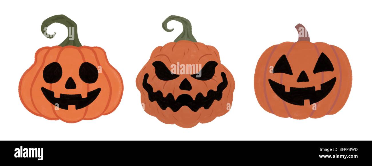 Set di tre zucche jack-o'-lanterna arancioni con facce intagliate diverse Foto Stock