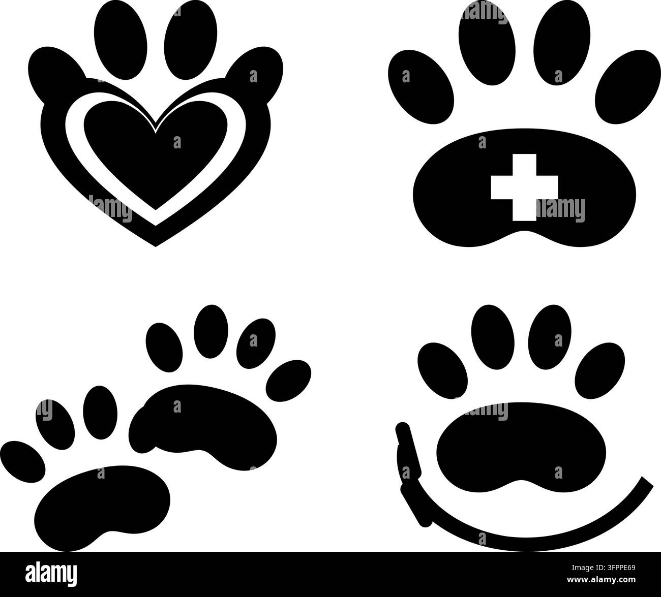 Set di icone vettoriali a forma di impronta di zampa di animale nera con simboli di cuore e croce medica su sfondo bianco Illustrazione Vettoriale