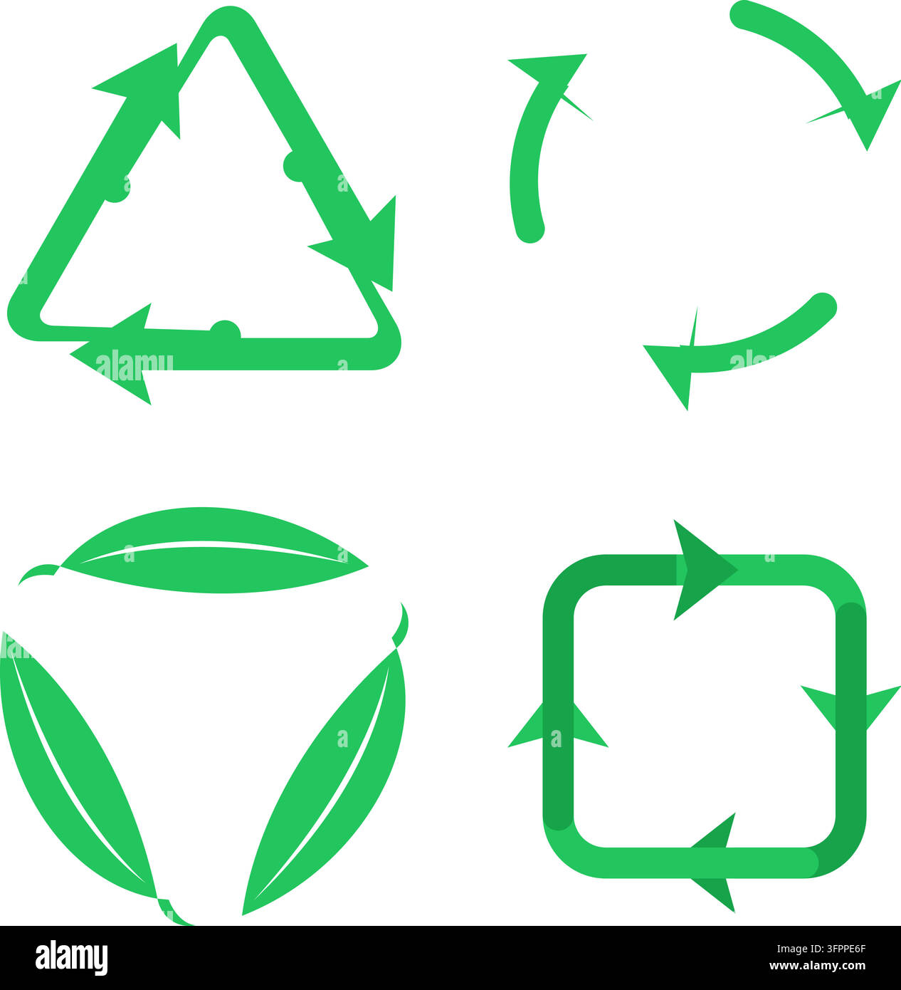 Set di icone vettoriali verdi di riciclaggio ed ecologiche con frecce e foglie su sfondo bianco Illustrazione Vettoriale