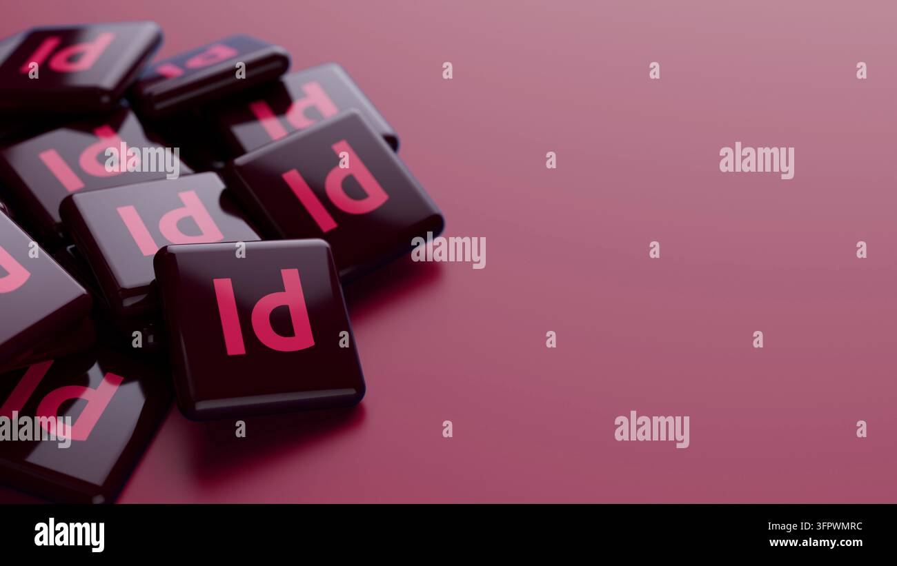 Logo del software di pubblicazione Adobe Premiere in una grande pila su sfondo rosso con spazio di copia come intestazione del banner web Foto Stock