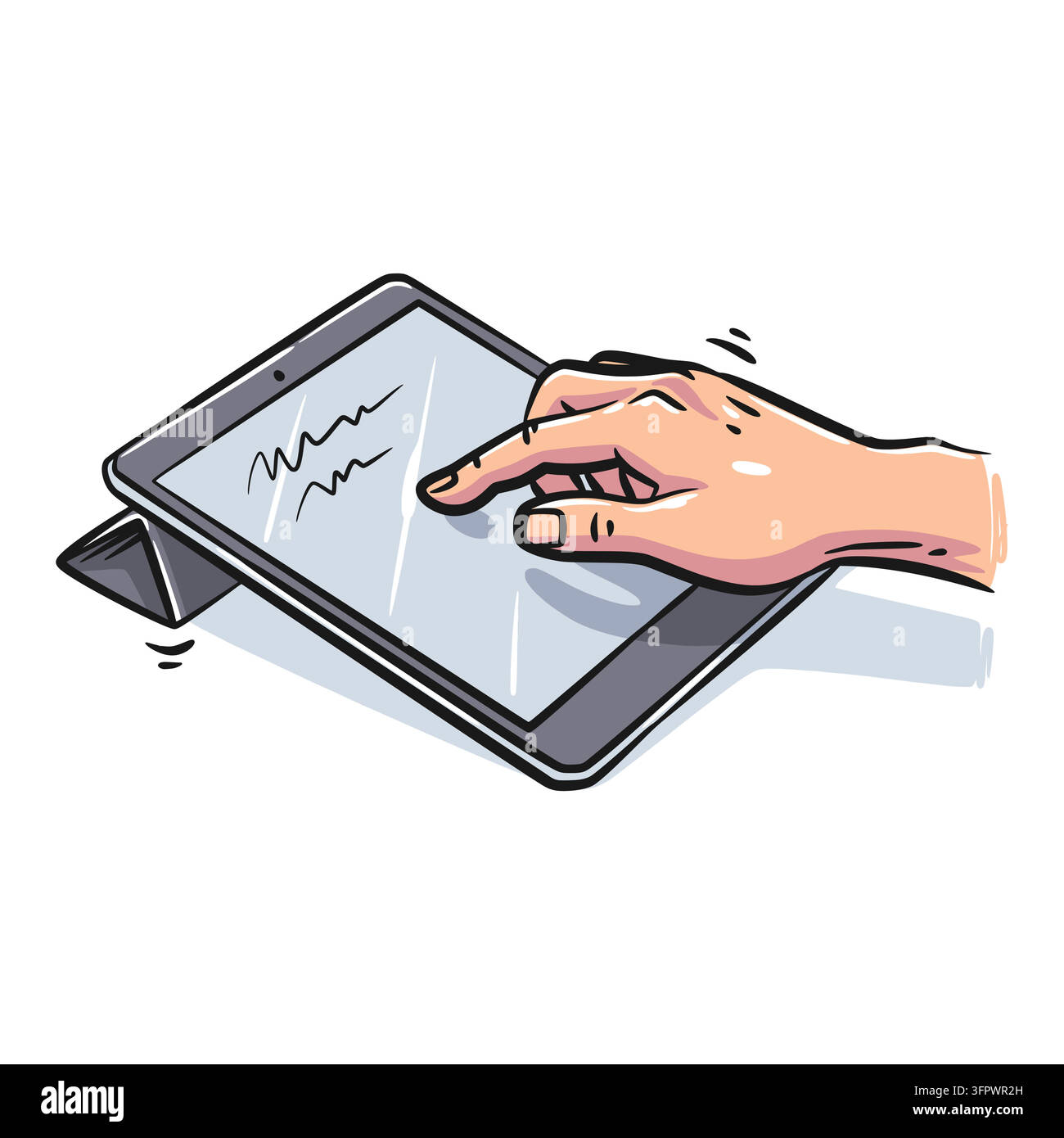 Illustrazione grafica colorata di una mano umana che tocca lo schermo di un tablet supportato da un supporto pieghevole su sfondo bianco. B Illustrazione Vettoriale