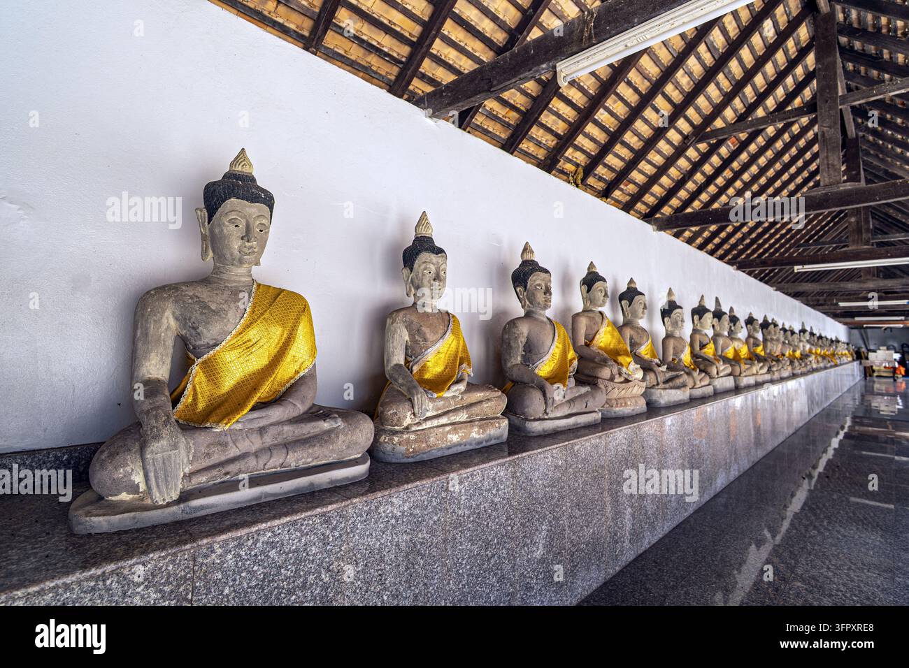 Muang, Phayao, Thailandia - 02 ottobre 2026: Wat Sri Khom Kham, fila di statue di Buddha sedute con vesti gialle su una piattaforma di granito accanto a un muro bianco. Foto Stock