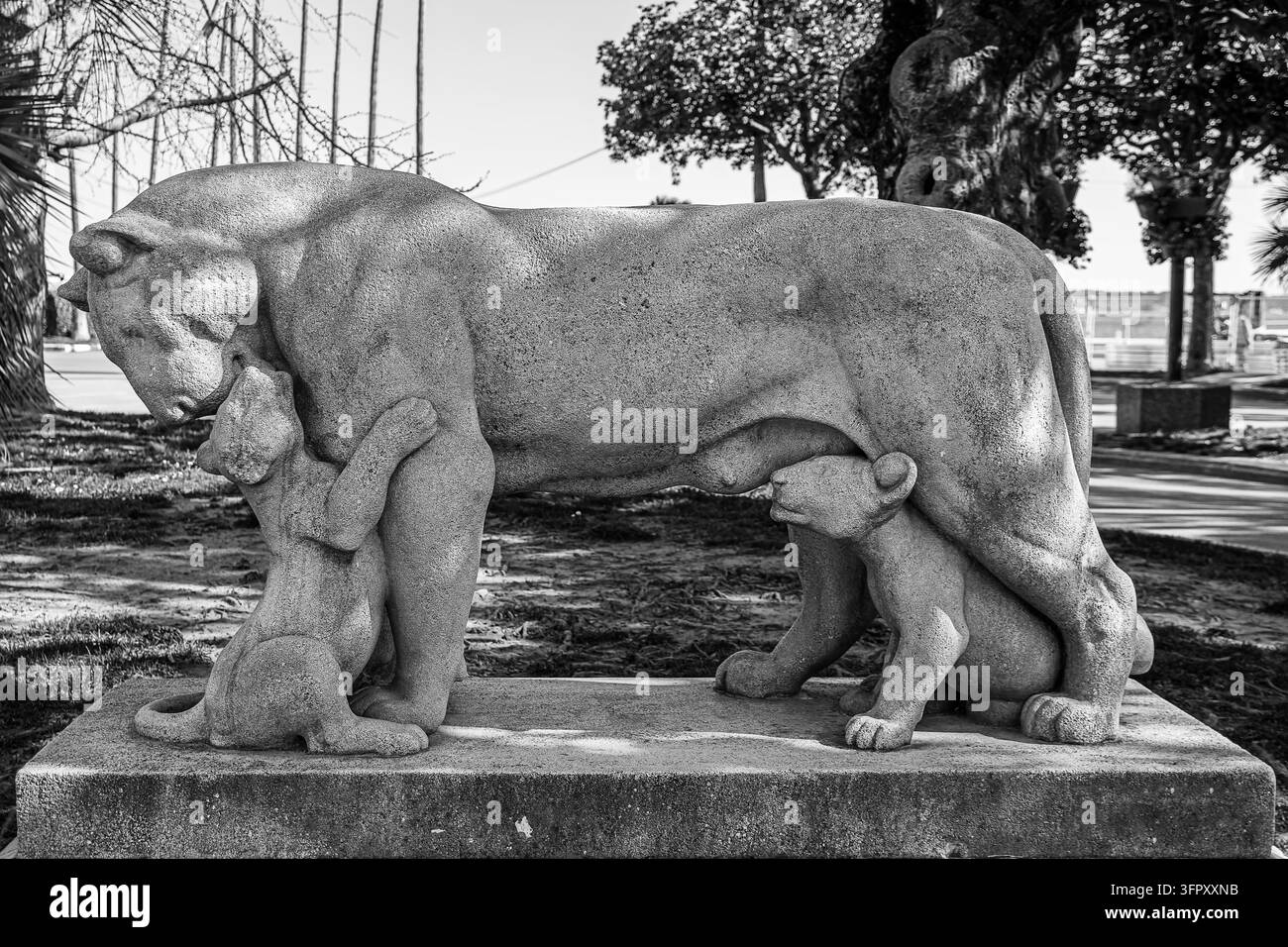 Statua storica in bronzo di una leonessa che allatta i suoi due cuccioli, situata in un parco pubblico a Cannes Foto Stock