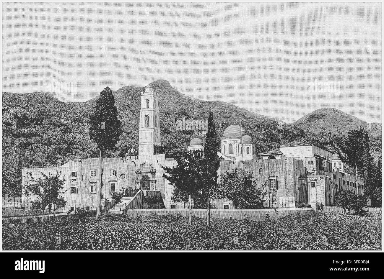 Monastero di Gonia a Kolymvari, Creta, paesaggio montuoso sullo sfondo. Foto Stock