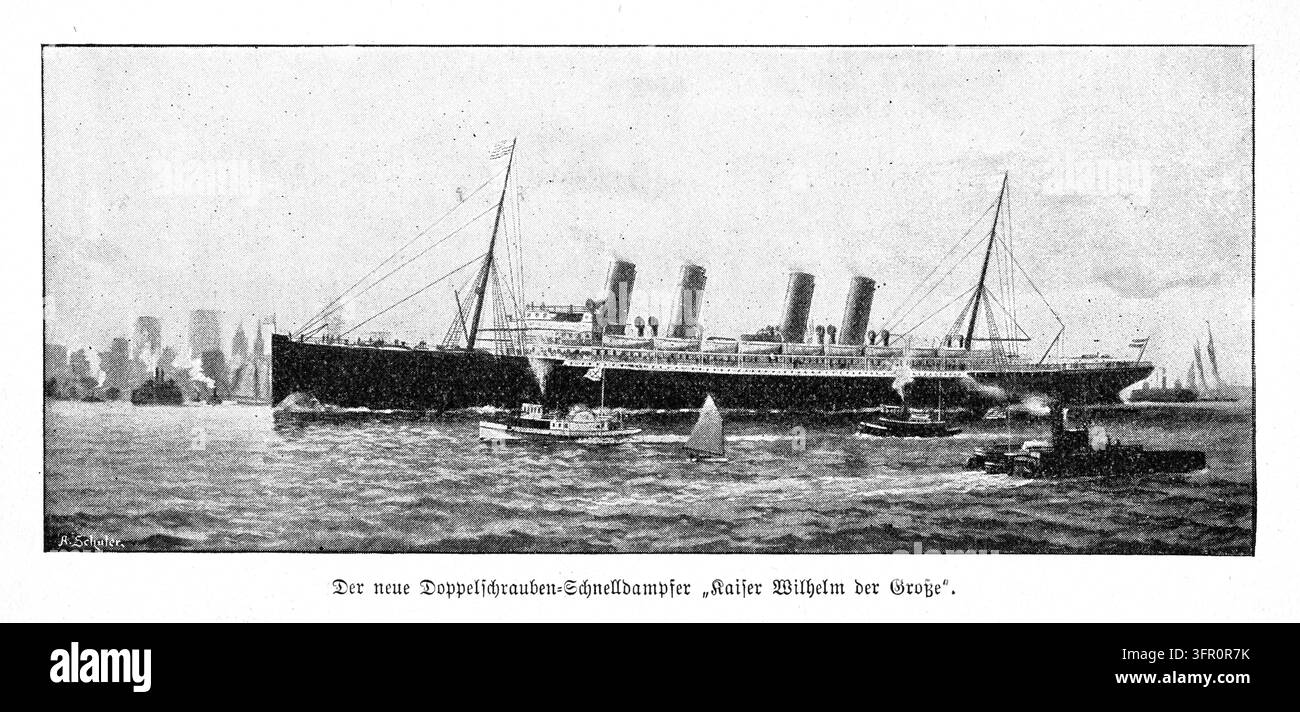 Il piroscafo a doppio elica 'Kaiser Wilhelm der Große' naviga in un porto affollato – Maestoso transatlantico a quattro fumaioli con lo skyline della città sullo sfondo. Foto Stock