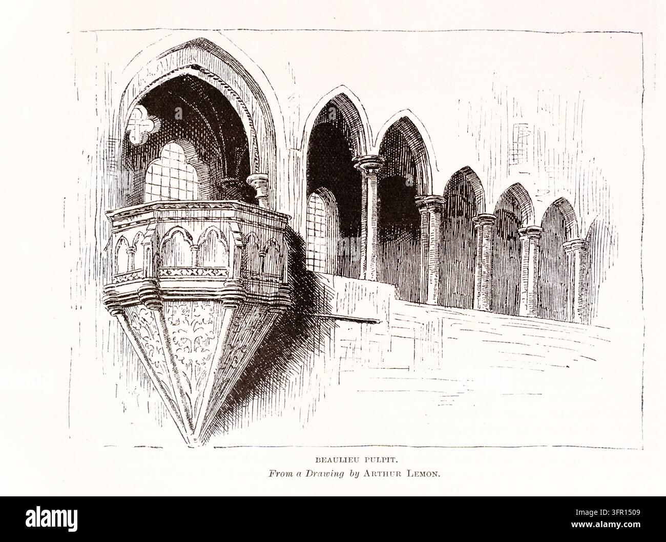 Dettaglio architettonico del Pulpito di Beaulieu, Archi gotici, Interno della chiesa, Incisione del XIX secolo. Foto Stock