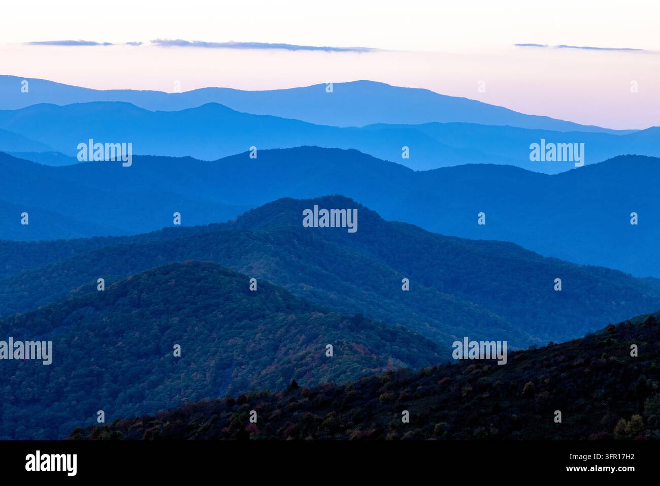 Montagne Blue Ridge al tramonto – Sentiero Art Loeb vicino a Black Balsam Knob, Blue Ridge Parkway, North Carolina, USA Foto Stock