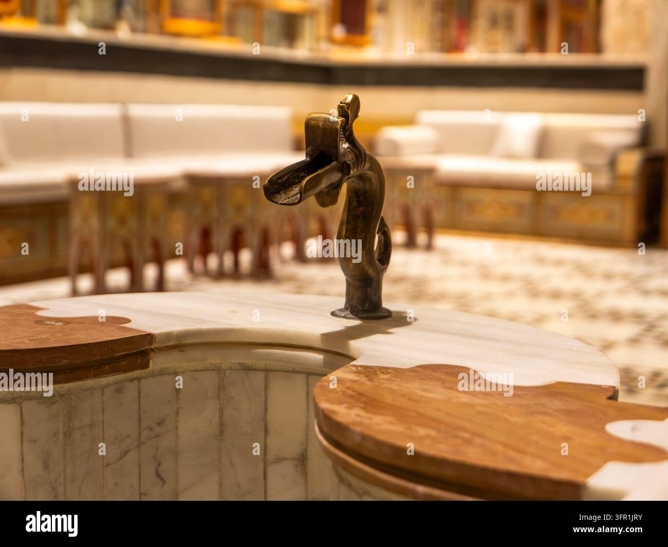 Prima vista di un beccuccio decorativo in bronzo a forma di creatura mitica montato su una vasca di fontana in marmo bianco. Foto Stock