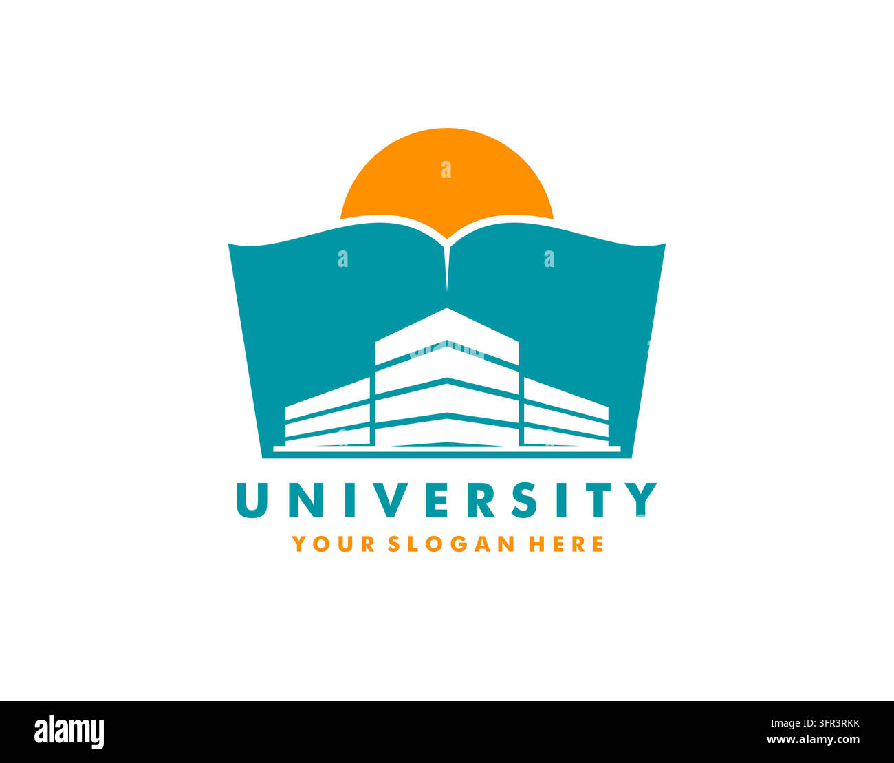 Icona universitaria con edificio, libro e sole nascente Illustrazione Vettoriale