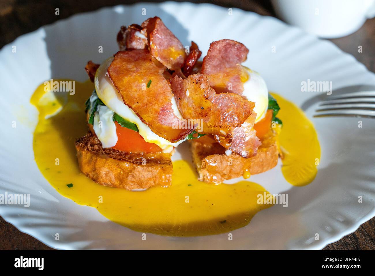 Uova Benedetto con pancetta, pane tostato e pomodoro, primo piano. Sandwich con uova in camicia per colazione all'americana Foto Stock