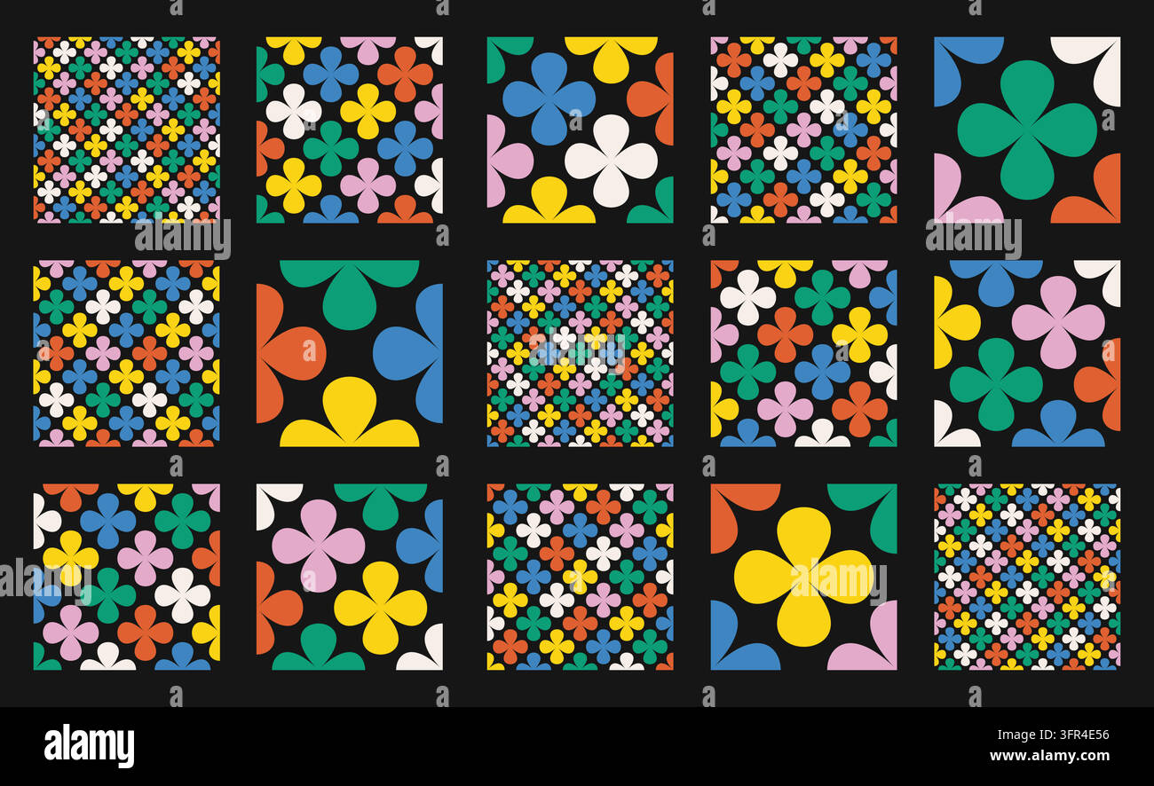 Collezione di motivi floreali con forme a quadrifoglio e petali colorati su sfondo nero. Set vettoriale geometrico senza cuciture in stile retrò. Alta qualità i Illustrazione Vettoriale