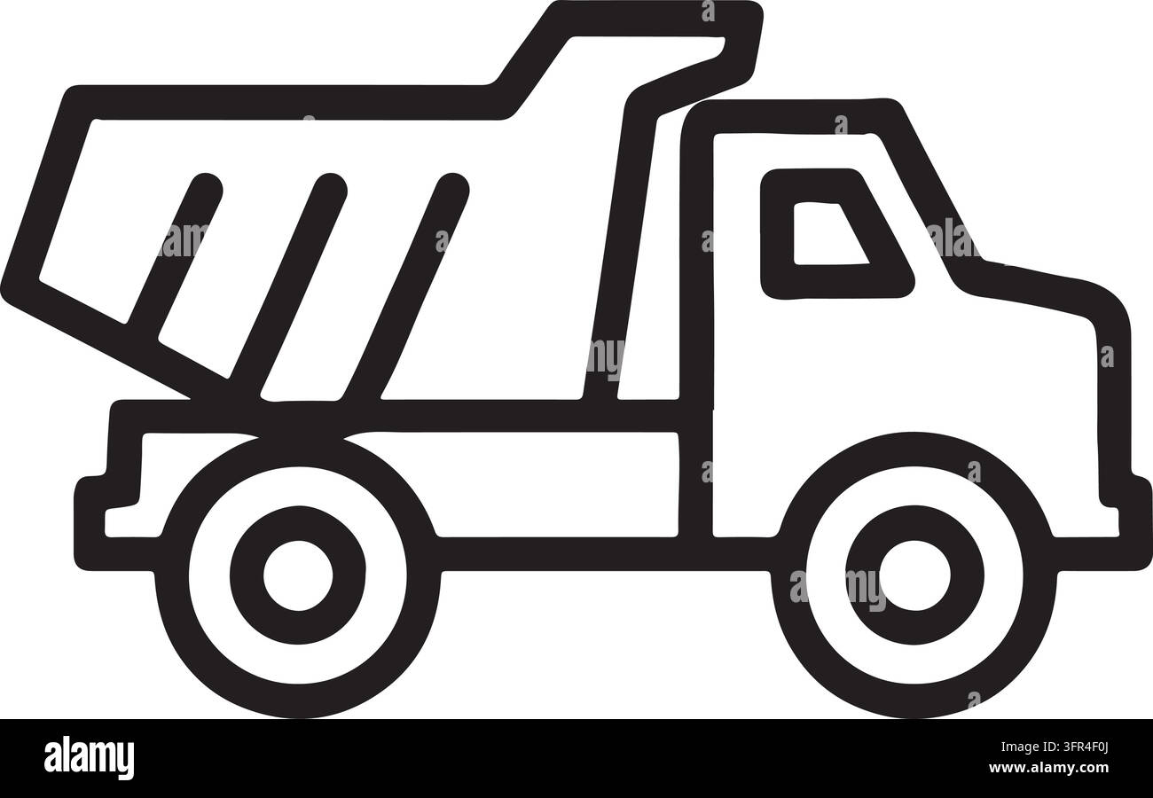 Un'icona a contorno nero di un camion ribaltabile con il cassone sollevato, isolata su sfondo bianco. Illustrazione Vettoriale