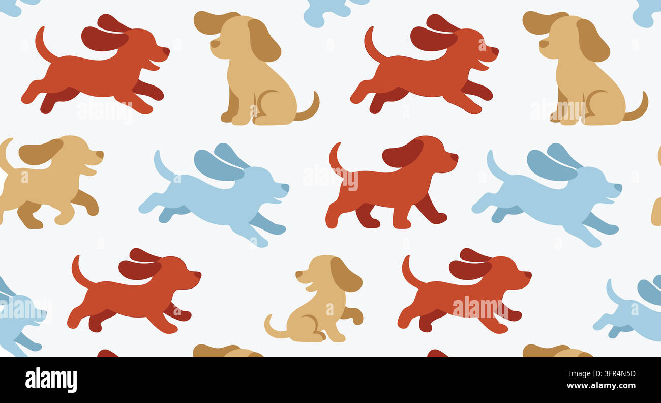 Simpatico motivo ripetitivo di cani con cuccioli colorati su sfondo bianco Illustrazione Vettoriale